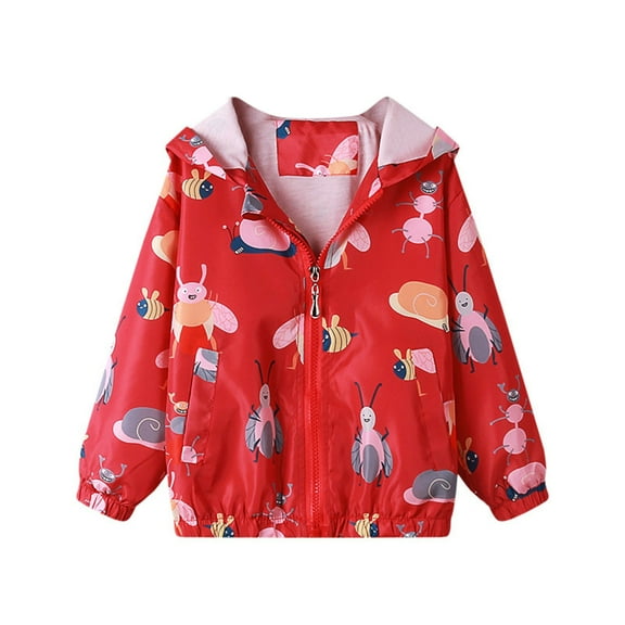 Edvintorg Fall Winter Girls Jacket with Zipper Kawaii Cartoons Printed Casual Long Sleeve Windbreaker Hooded Coat Jacket 3-9 Years Outdoor Lightweight Children's Outerwear