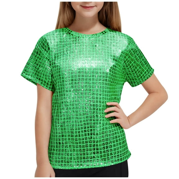 Edvintorg Fashion Girls Shirts Children's Performance Outfit Solid Sequin Round Neck Short Sleeved T-Shirt Tops for Girls Trendy Summer 3-16 Years