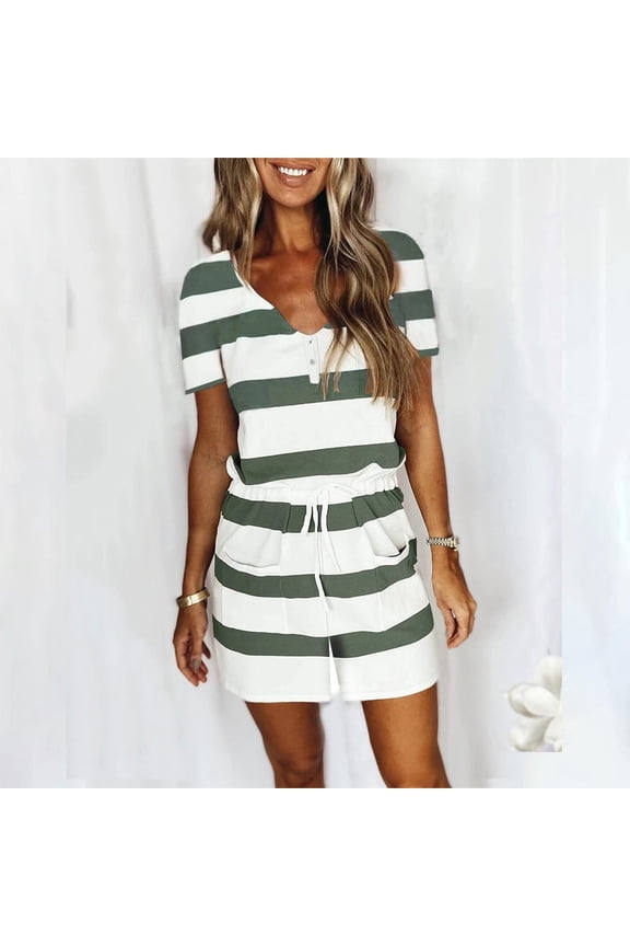 Fashion Striped Jumpsuits For Women Summer Casual Short Sleeve Short Pants Jumpsuits Loose Fit Rompers Jumpsuit With Pockets