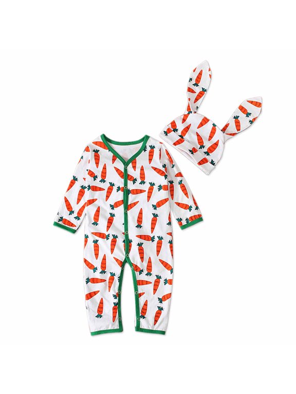 My First Easter Baby Clothing Baby Girls Rompers Long-Sleeve Cute Carrot Print Jumpsuit +Ear Cap Newborn Boys Clothes 0-24Months Baby Costumes