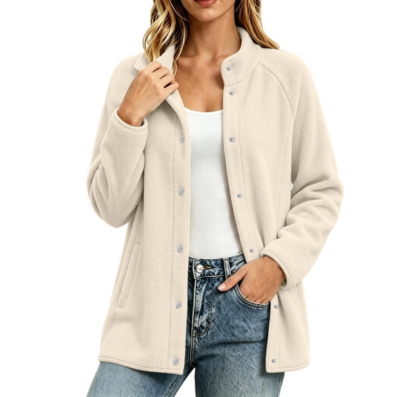 Edvintorg Fleece Jacket Women Plus Size Button Down Coat Long Sleeve Loose Casual Outerwear with Pocket Clothes for Women Beige XL