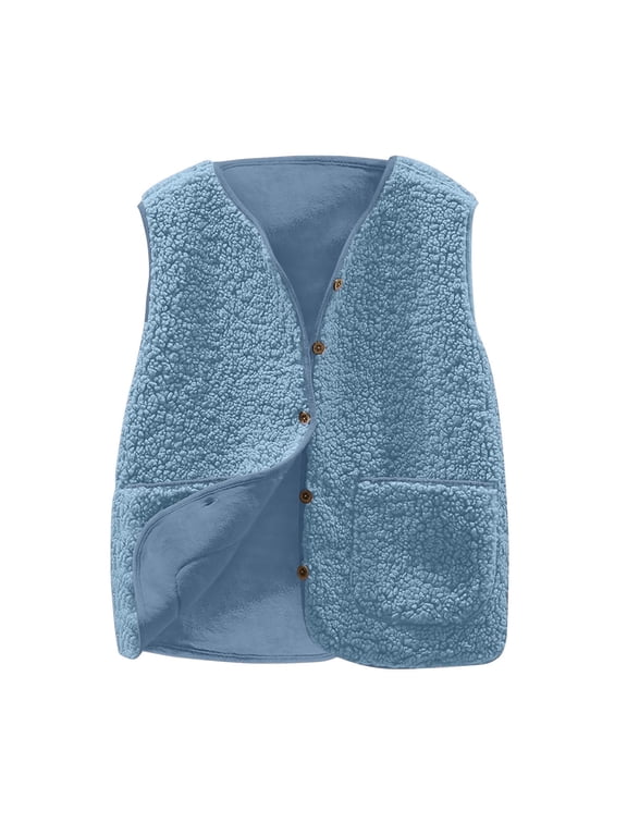 Fleece Vest for Women Solid Color Sleeveless Short Waistcoat Jacket Fall Winter Trendy Casual Button Coat Outerwear with Pocket