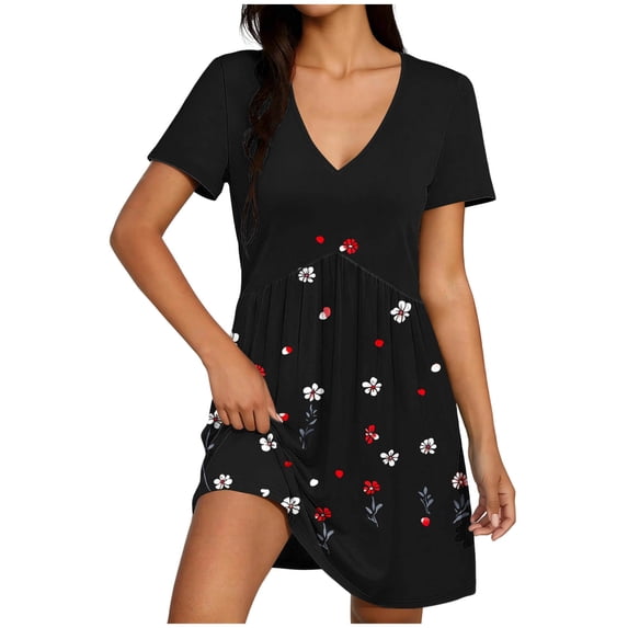 Edvintorg Floral Dress for Women Printed Short Sleeve V Neck Lightweight Soft Casual Dresses Womens Summer Clothes Black L