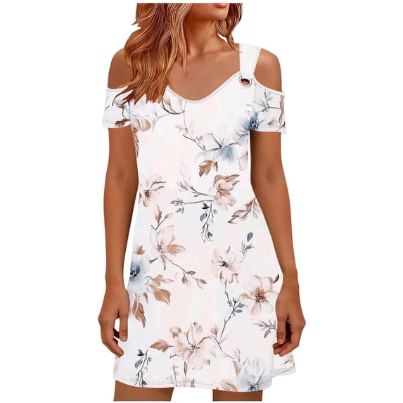 Edvintorg Floral Dresses for Women Fashion Short Sleeve Off Shoulder Casual Beach Dress Summer Clothes for Women Beige Xl