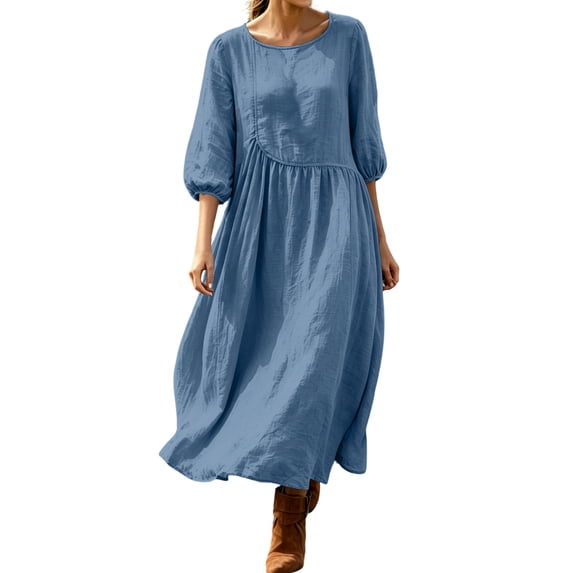 Edvintorg Flowy Dresses for Women Crew Neck 3/4 Sleeve Loose Casual Long Dress Woman Clothes S-2XL Blue