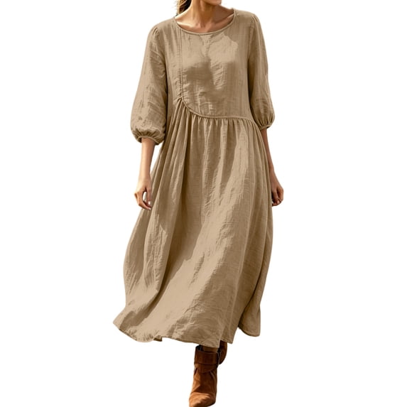 Edvintorg Flowy Dresses for Women Crew Neck 3/4 Sleeve Loose Casual Long Dress Woman Clothes S-2XL Khaki