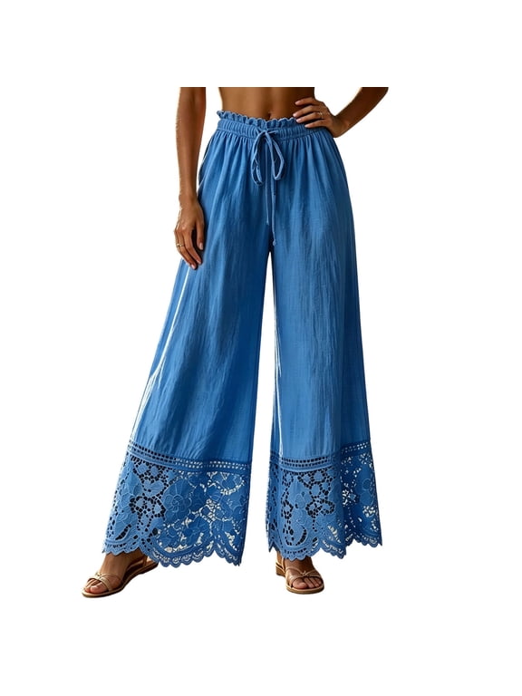 Flowy Pants for Women Fashion Lace Elastic Waisted Lightweight Loose Wide Leg Casual Trouser with Drawstring Women's Clothes Blue XL