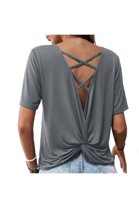Flowy Tops for Women Plus Size Fashion Cut Out Cross Keyhole Back Short Sleeve Casual Loose Fit Shirts Womans Clothes