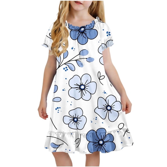 Edvintorg Girl Clothes Floral Printed Lightweight Indoor Short Sleeve Crew Neck Casual Dress Size 4-15