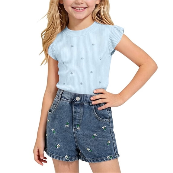 Edvintorg Girl Clothes Ruffle Sleeve Crewneck Casual Shirt and Denim Short 2 Piece Sets for Girls Size 3-8