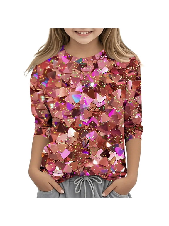 Girl's Crewneck 3/4 Sleeve T Shirts Sequin Casual Basic Summer Tees Shirts Loose Fit Tunic Tops 3-12 Years