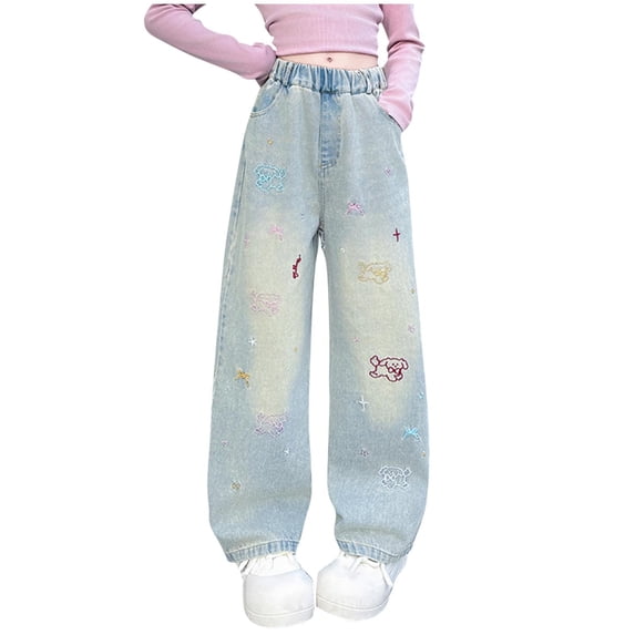 Edvintorg Girls Baggy Jeans Casual Wide Leg Denim Pants with Pockets Cute Teen Clothes for Girls Size 5-15