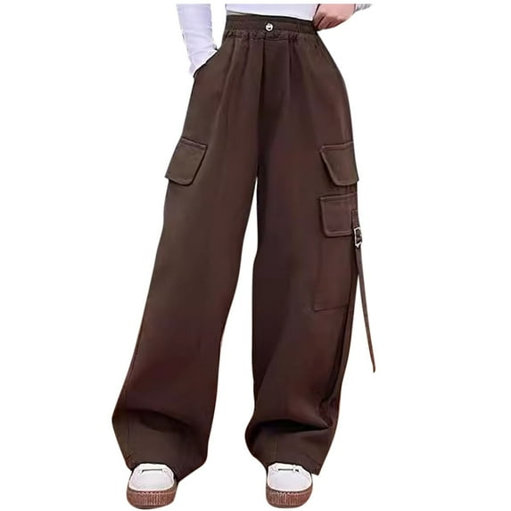 Edvintorg Girls Cargo Pants Clearance Fashion Solid Color Elastic High Waisted Casual Wide Leg Pants Trousers with Pocket 8-14 Years School Outfits Teenage Girls' Clothing