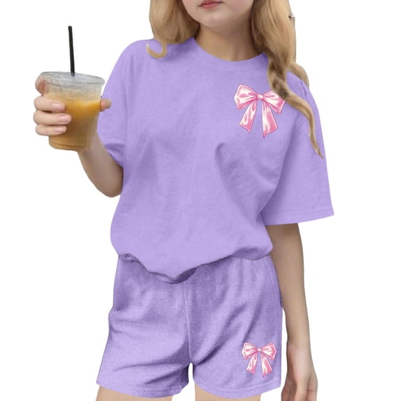 Edvintorg Girls Clothes Cute Bowknot Graphic Crew Neck Casual Shirt and Boyshort 2 Piece Outfits for Girls Size 3-14