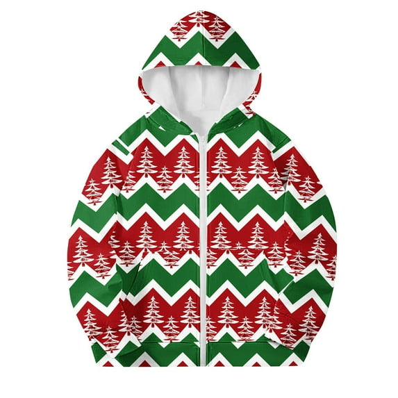 Edvintorg Girls Clothing Cute Christmas Printed Long Sleeve Pocket Hooded Sweatshirt with Zipper Winter School Outfits Jacket for Boys 4-12Y Teenage Children Outerwear