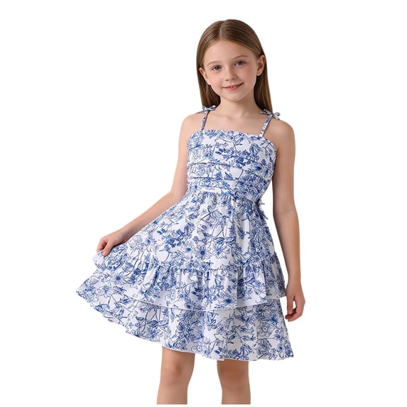 Edvintorg Girls Cute Dresses Floral Printed Spaghetti Straps Mini Dress Ruffle Smocked Casual Short Sundress Size 7-13