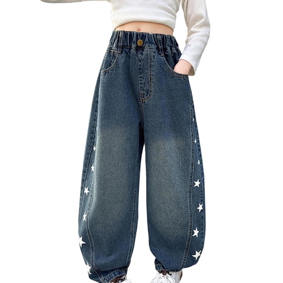 Edvintorg Girls Denim Pants Fashion Star Printed Elastic Waisted Loose Casual Wide Leg Barrel Jeans with Pockets Size 5-15