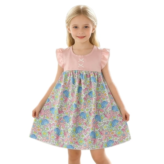 Edvintorg Girls Dress Cute Color Block Crew Neck Flutter Sleeve Loose Casual A Line Floral Dresses Summer Clothes for Girls Size 6M-10Y
