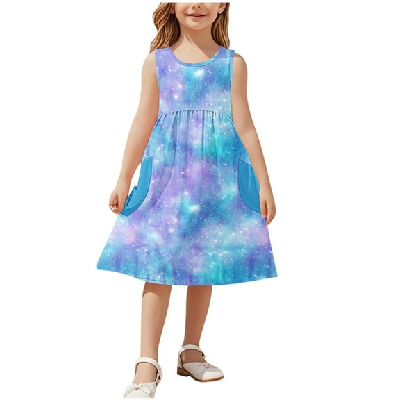 Edvintorg Girls Dresses Summer Sleeveless Round Neck Stretchy Dress for School Casual Cute Loose Beach Sundress with Pocket 3-14 Years