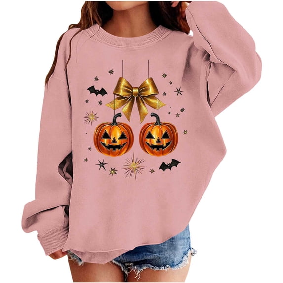 Edvintorg Girls' Fashion Hoodies & Sweatshirts Halloween Printed Long Sleeve Crew Neck Casual Loose Pullover Top Kids Clothes Girls Size 1-13