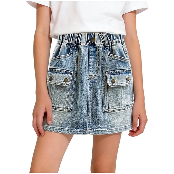 Edvintorg Girls Jean Skirt Elastic High Waisted A-Line Mini Skirt with Pockets Kids Teens Short Denim Skirts
