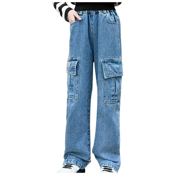 Edvintorg Girls Jeans Denim Elastic High Waisted Wide Leg Baggy Cargo Pants With Pockets 3-14 Years Streetwear Casual Denim Pants For Kids Girl