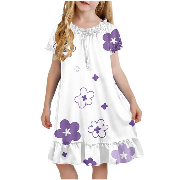Edvintorg Girls Loungewear Floral Printed Crew Neck Short Sleeve Casual Sleep Dress Summer Clothes for Girls Size 4-15