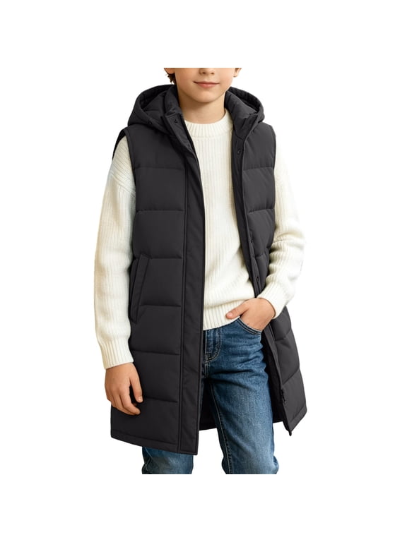 Girls Puffer Vest Solid Color Long Padded Jacket Fall Winter Sleeveless Zip up Waistcoat Outerwear with Pocket Teen Clothes Size 4-15