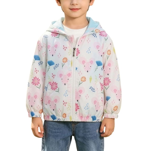 Edvintorg Girls Rain Jacket Cute Printed Lightweight Long Sleeve Waterproof Zip up Hooded Raincoat with Pocket Kids Clothes Girls Size 1-9
