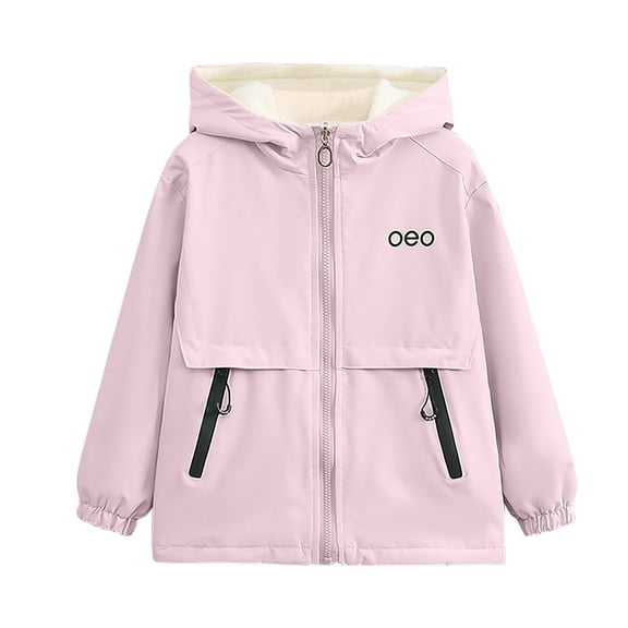 Edvintorg Girls Rain Jacket Solid Color Long Sleeve Fleece Hooded Raincoat Kids Windbreaker Outerwear with Zipper 4-15 Years Teenage Girls' Clothing