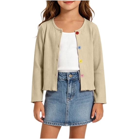 Edvintorg Girls Ribbed Knit Sweater Crew Neck Long Sleeve Button Up Cardigan Casual Uniform Sweaters for Kids Girls 0-9T