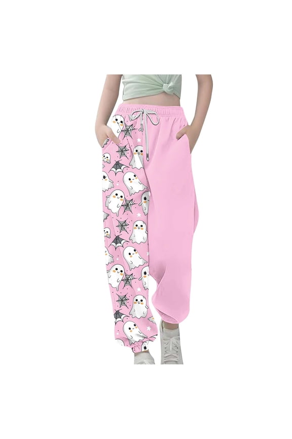 Girls Sweatpants Cute Halloween Printed Elastic Waisted Sports Casual Pants Trousers with Drawstring 3-14 Years Boys Joggers