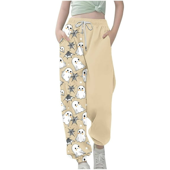 Edvintorg Girls Sweatpants Cute Halloween Printed Elastic Waisted Sports Casual Pants Trousers with Drawstring 3-14 Years Boys Joggers