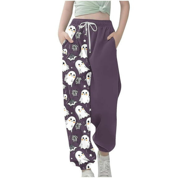 Edvintorg Girls Sweatpants Cute Halloween Printed Elastic Waisted Sports Casual Pants Trousers with Drawstring 3-14 Years Boys Joggers