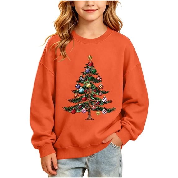 Edvintorg Girls Sweatshirt Christmas Printed Long Sleeve Fleece Pullover Top Loose Casual Sweatshirts Teen Girl Clothes Size 2-15