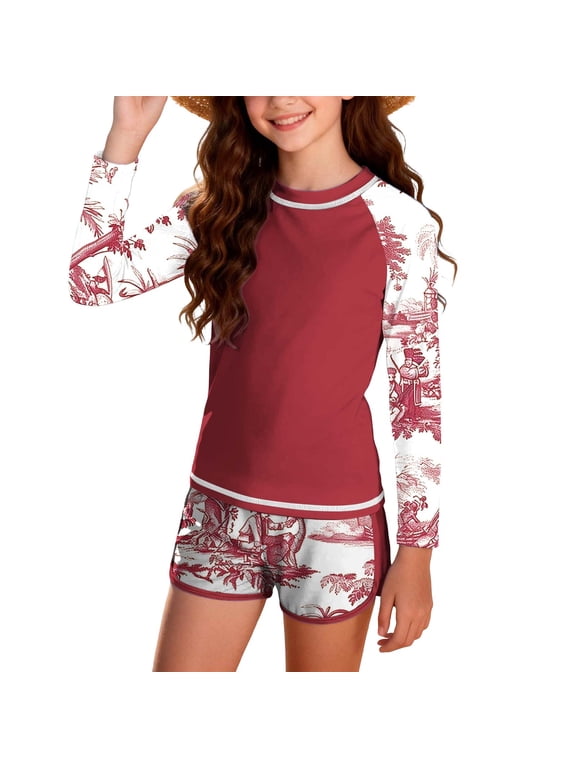 Girls Swim Set Modest Swimsuit Quick Dry Sun Protection Long Sleeve Bathing Suit Swim Top and Boyshort Teen Clothes Size 12-17