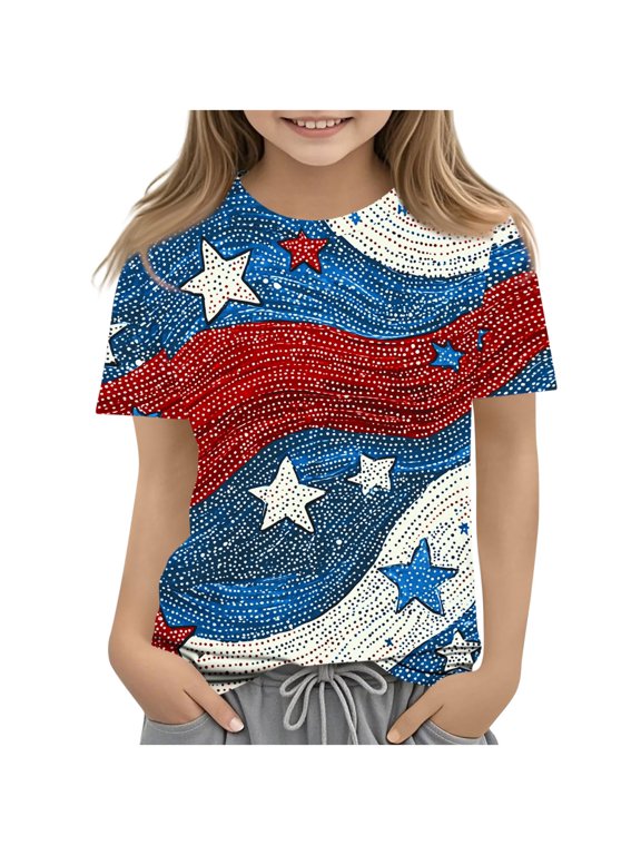 Girls' Tops, Tees & Blouses 4Th Of July Independence Day Short Sleeve Crew Neck Casual Top Size 3-14