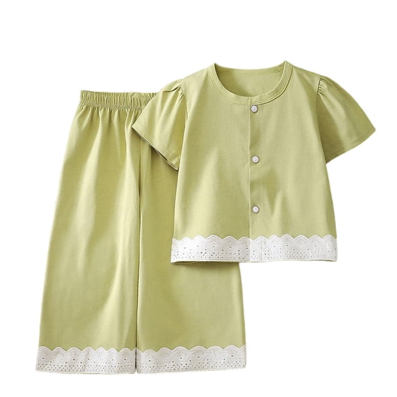 Edvintorg Girls Two Piece Outfits Sets Crewneck Short Sleeve Loose Fit Lightweight Button Up Shirt and Pant Size 1-15