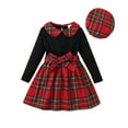 thumbnail image 1 of Edvintorg Girls Winter Outfits Christmas Gift Fashion Plaid Printing Long Sleeve Bowknot Dress and Hat School Outfit Two-Piece Set 3-7 Years Kids Clothes Girls, 1 of 7