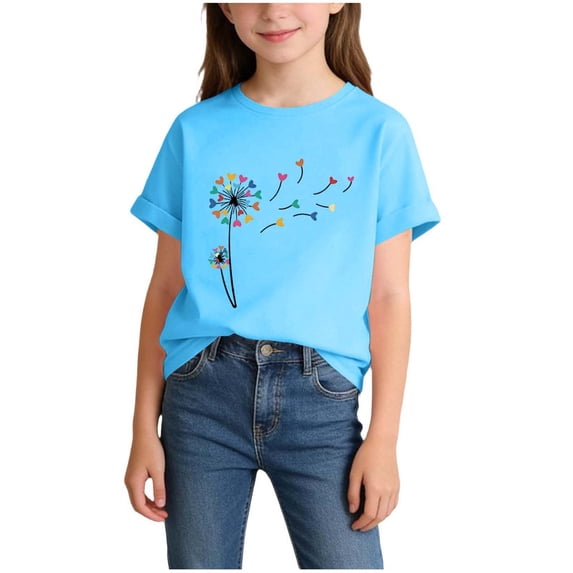 Edvintorg Going Out Tops for Girls Summer Fashion Printed Short Sleeve Crewneck Pullover Shirts Size 2-14