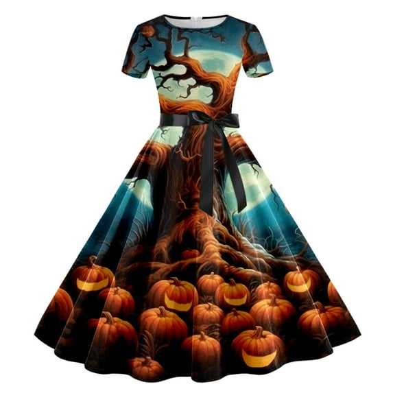 Edvintorg Halloween Dress Vintage Clearance Halloween Cosplay Festivals Women Retro Print Patchwork Short Sleeve Evening Party Prom Swing Dress