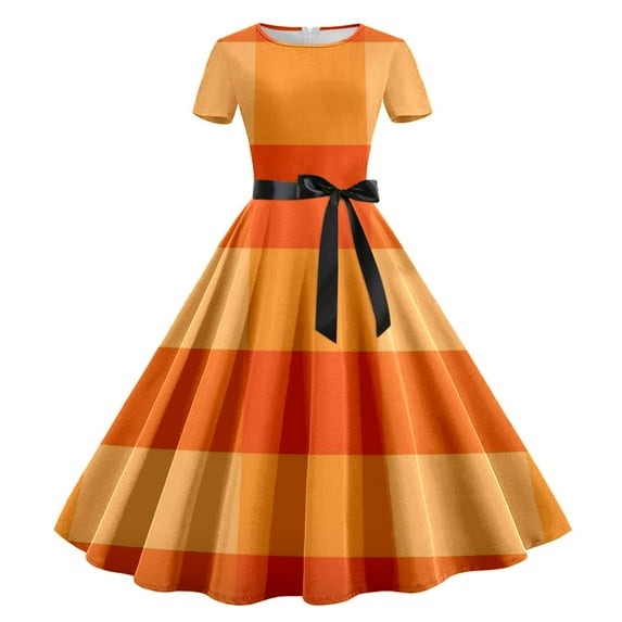 Edvintorg Halloween Dresses for Women 2025 Wedding Guest Women Retro Patchwork Print Short Sleeve Swing Dress Evening Party Prom Vintage Dress