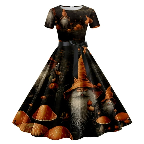 Edvintorg Halloween Dresses Women Cosplay Women's Halloween Casual Bowknot Princess Dress Short Sleeve Belted Irregular Printed Costume Festival Party Dress