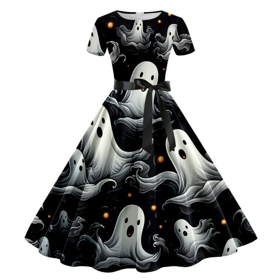 Edvintorg Halloween Women's Short Sleeve Swing Dress Clearance Retro Print Patchwork Evening Party Prom Dress Cosplay Party Costume