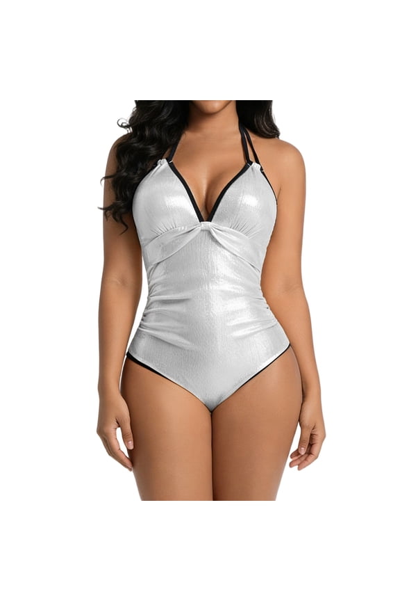 Halter Swimsuits for Women V Neck Monokini One Piece Bathing Suit Tummy Control Modest Swimwear