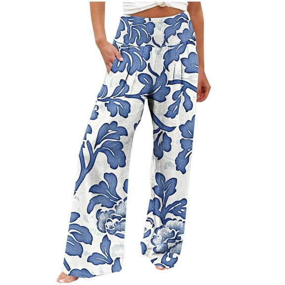 Edvintorg High Waisted Wide Leg Pants for Women Floral Printing Beach Boho Palazzo Pants Casual Loose Trousers with Pockets
