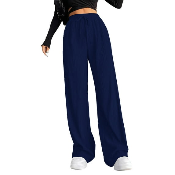 Edvintorg High Waisted Wide Leg Pants for Women Solid Color Casual Ribbed Stretchy Joggers Pants Womens Sweatpants with Drawstring Navy XL