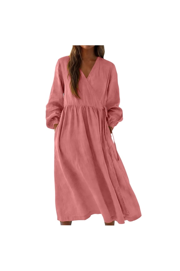 Holiday Dresses for Women Long Sleeve V-Neck Casual Midi Dress Loose Flowy Beach Dresses with Pockets