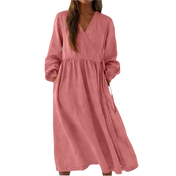 Edvintorg Holiday Dresses for Women Long Sleeve V-Neck Casual Midi Dress Loose Flowy Beach Dresses with Pockets