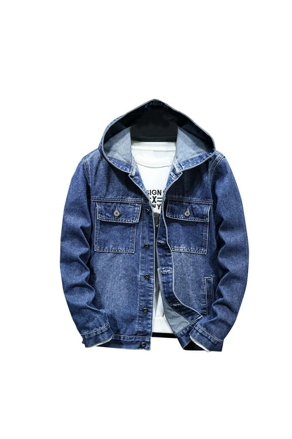 Hooded Jean Jacket for Men Casual Plus Size Winter Denim Jackets Fashion Trucker Jean Coat Single Breasted Jacket Coat Outwear with Pocket